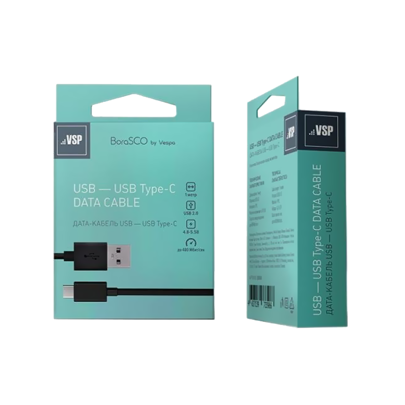 Дата-кабель USB A 2.0 - Type-C, 1м, черный, BoraSCO (VSP)