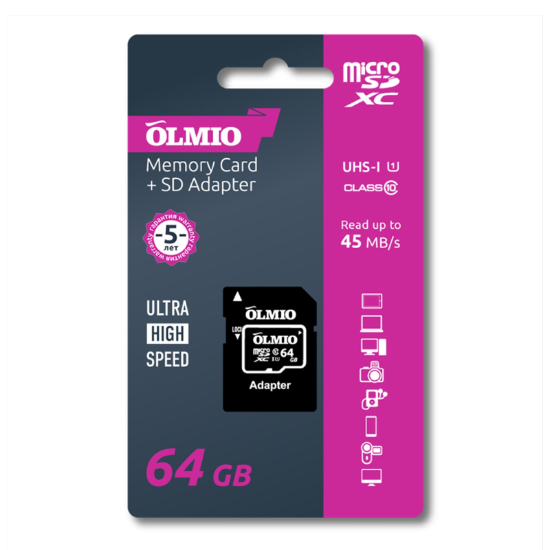 Карта памяти Olmio MicroSDXC 64GB UHS-I U3 V30, c адаптером - фото 2
