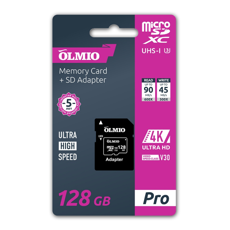 Карта памяти Olmio MicroSDXC 128GB V30, UHS-I Class 3 (U3) c адаптером MicroSDXC 128GB V30, UHS-I Class 3 (U3) c адаптером - фото 4